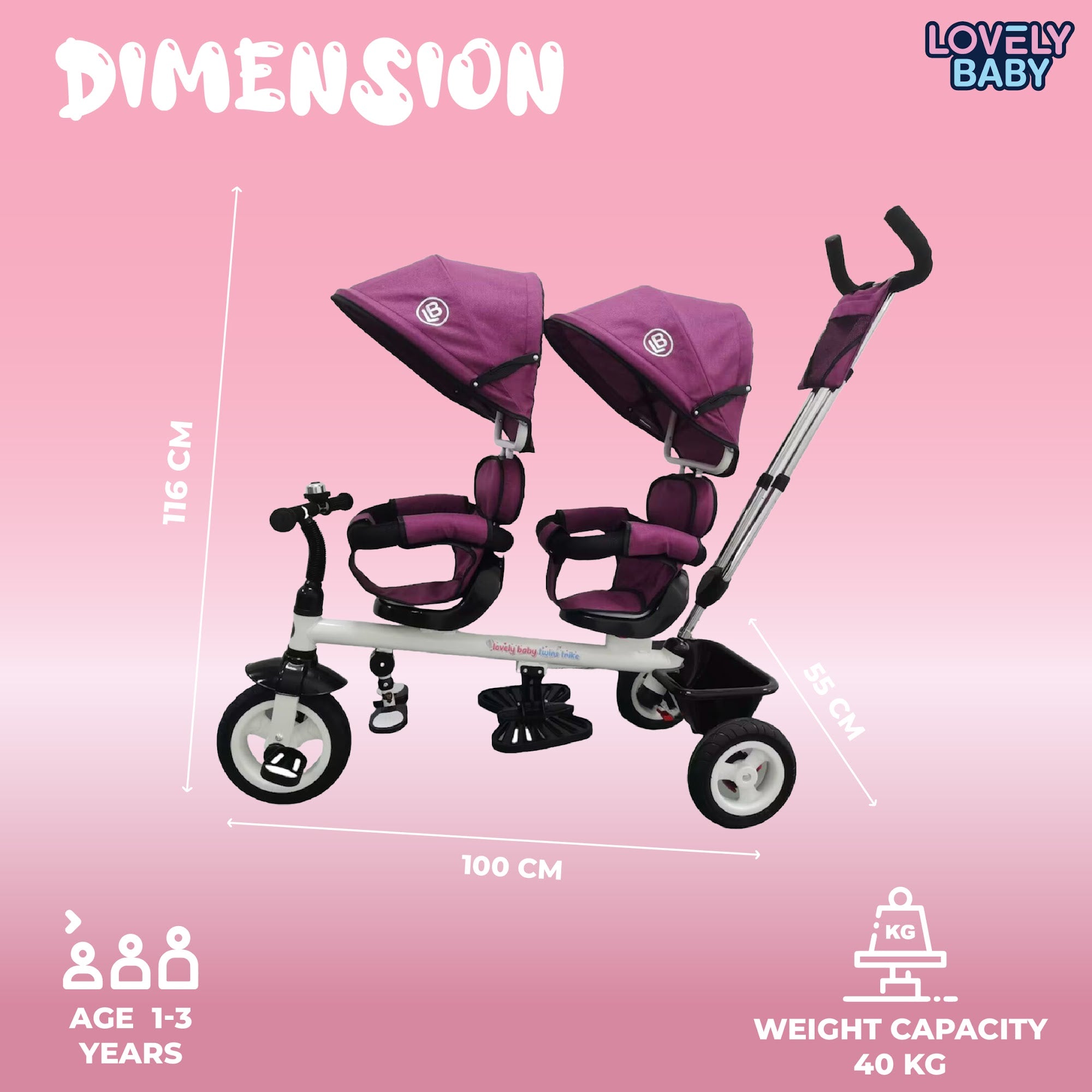 Lovely Baby Lovely Baby 2-Seater Twin Tricycle with Dual Canopy & 360° Rotating Seats - Purple - additional view 6