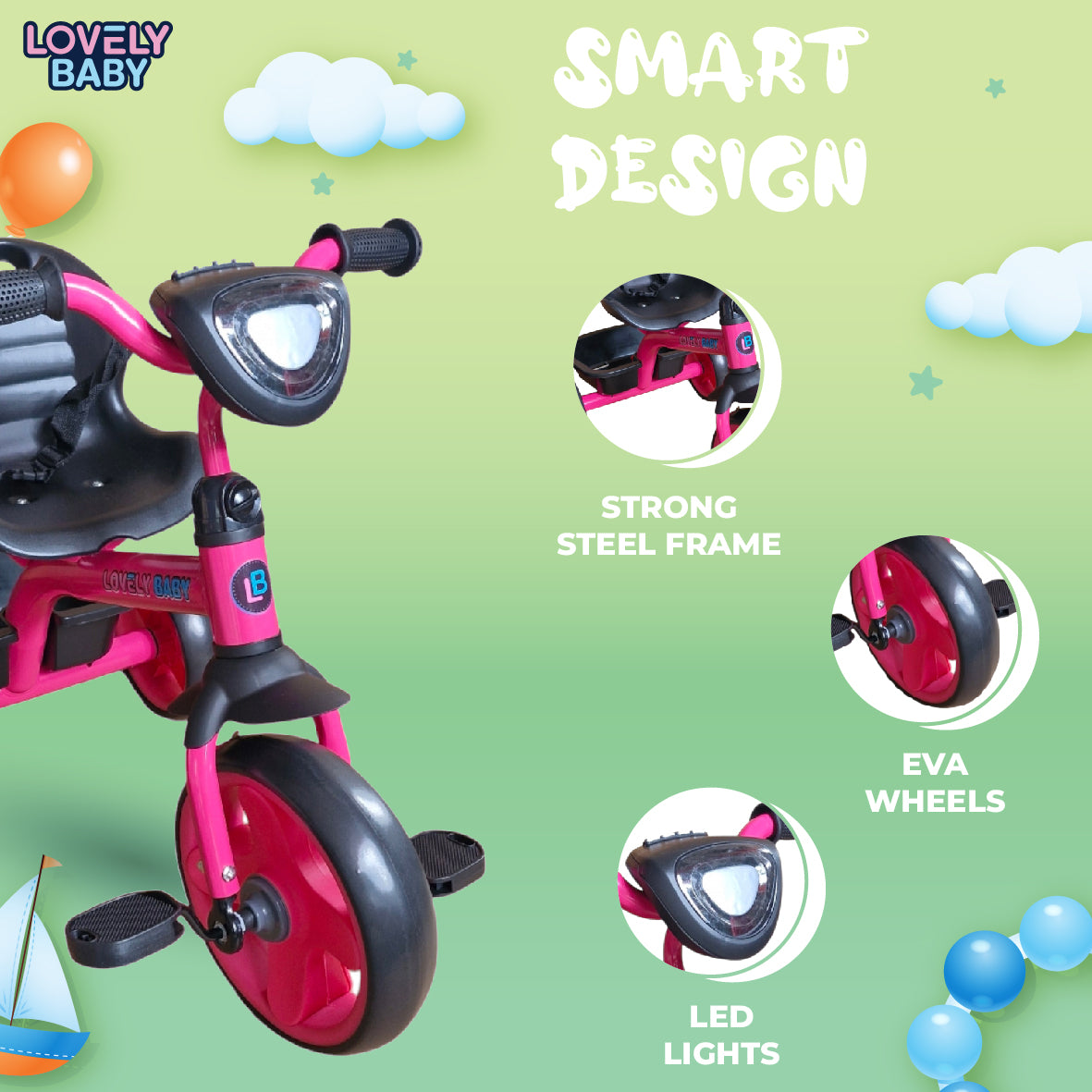 Lovely Baby Lovely Baby Smart Kids Tricycle with LED Lights, Music & Safety Seat Belt - Purple - alternate angle