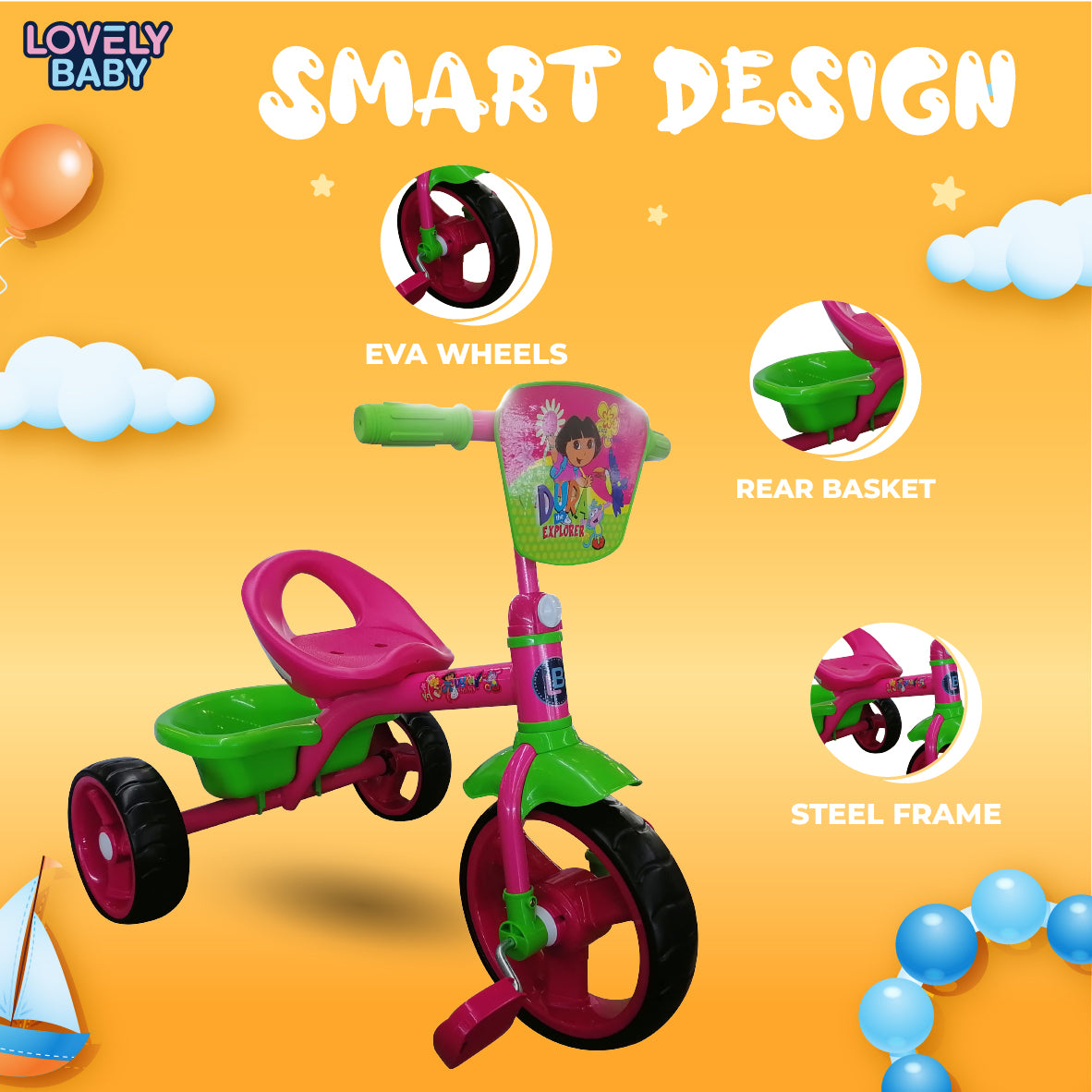 Lovely Baby Lovely Baby Dora The Explorer Tricycle for Kids - Pink - dimensions and contents