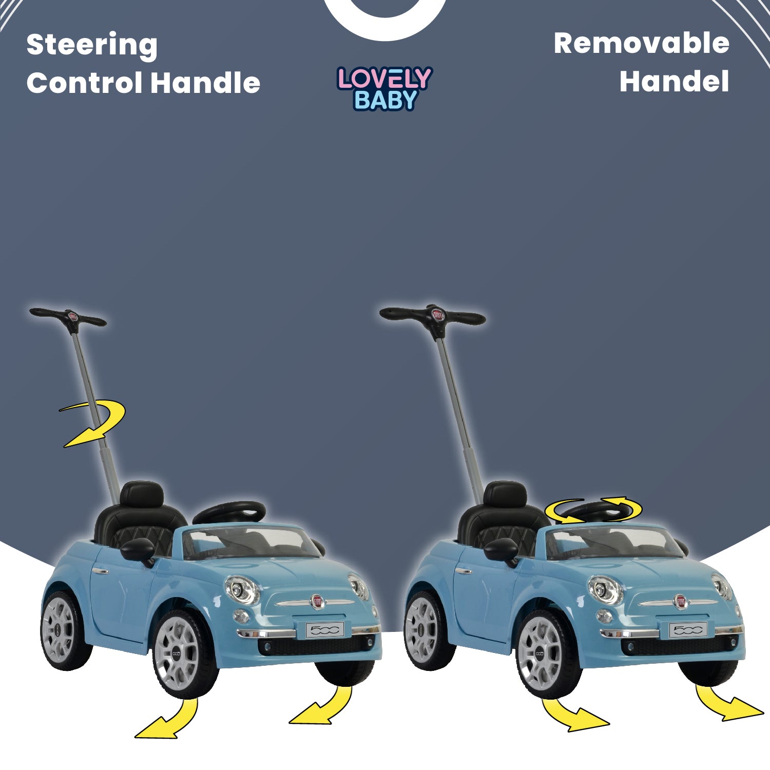 Lovely Baby Fiat 500 Kids Ride-On Push Car with Parental Control Handle - Blue - additional view 5