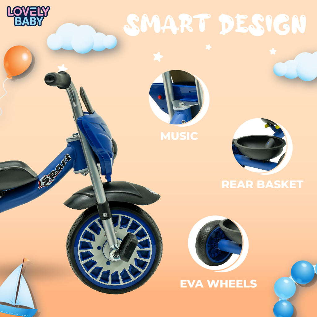 Lovely Baby Lovely Baby Sport Kids Tricycle with Rear Storage Basket - Blue - dimensions and contents