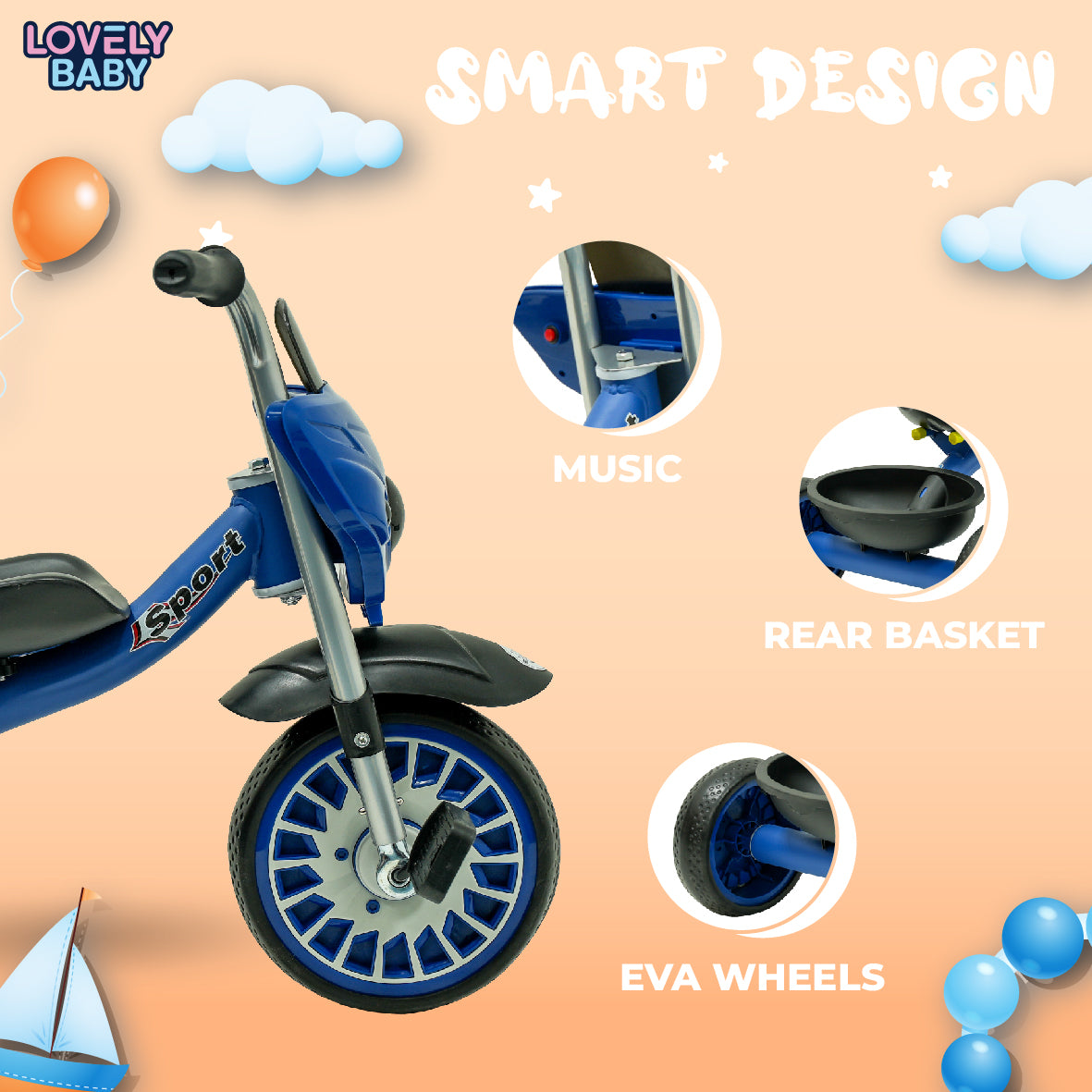 Lovely Baby Lovely Baby Sport Kids Tricycle with Rear Storage Basket - Blue - dimensions and contents
