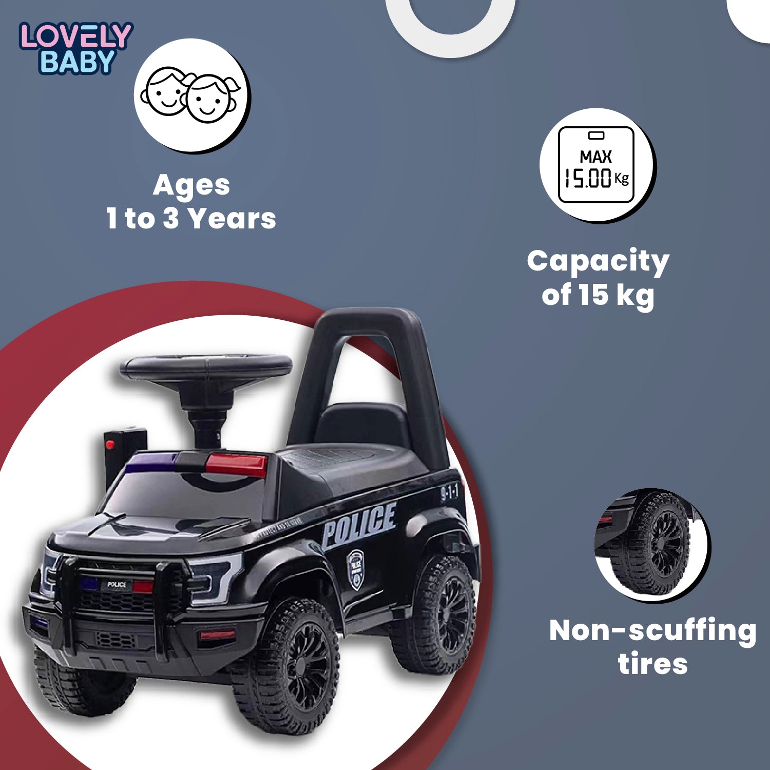 Lovely Baby Lovely Baby Police Patrol Kids Ride-On Push Car - Black - additional view 5