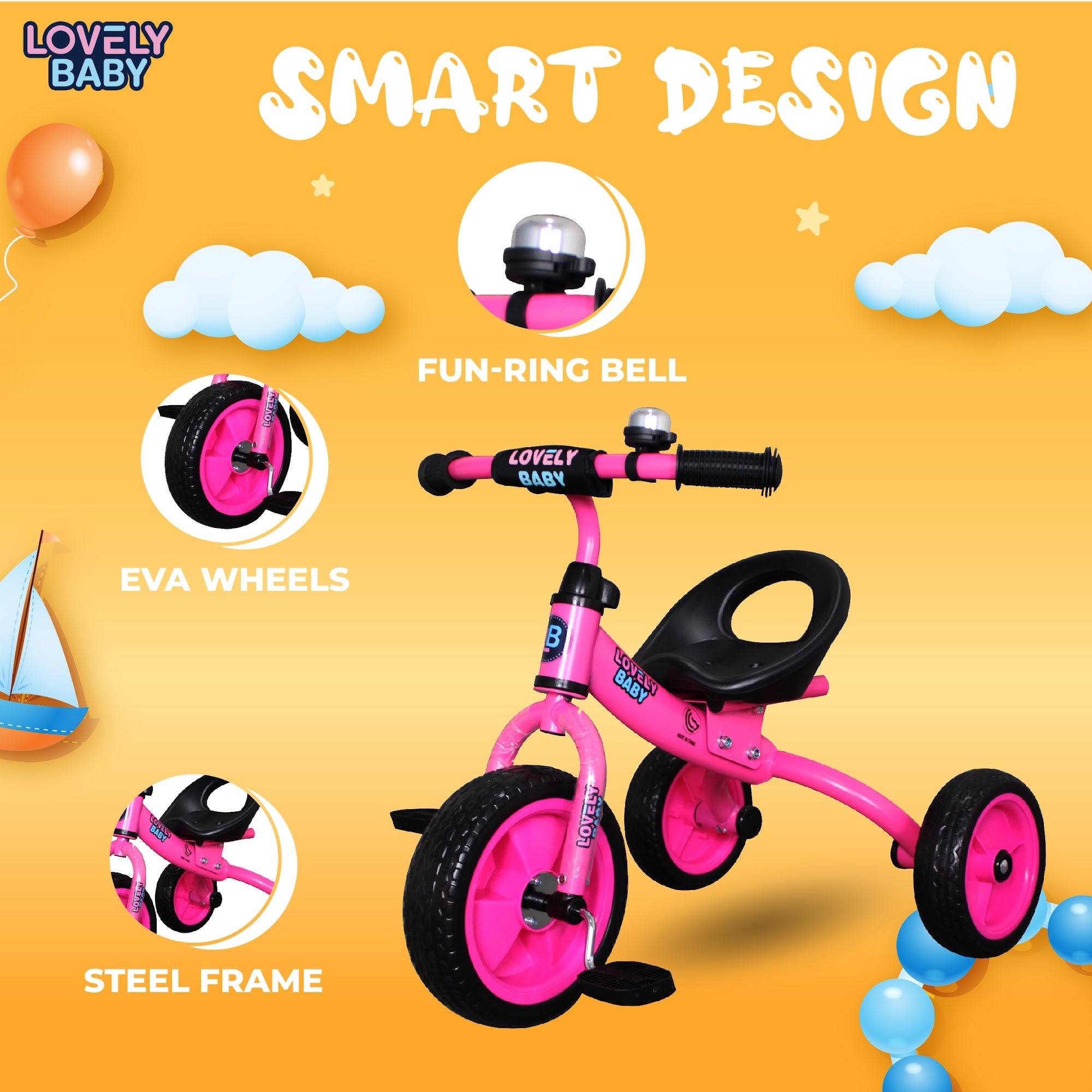 Lovely Baby Lovely Baby Ergonomic Toddler Tricycle with Durable Steel Frame - Pink - alternate angle