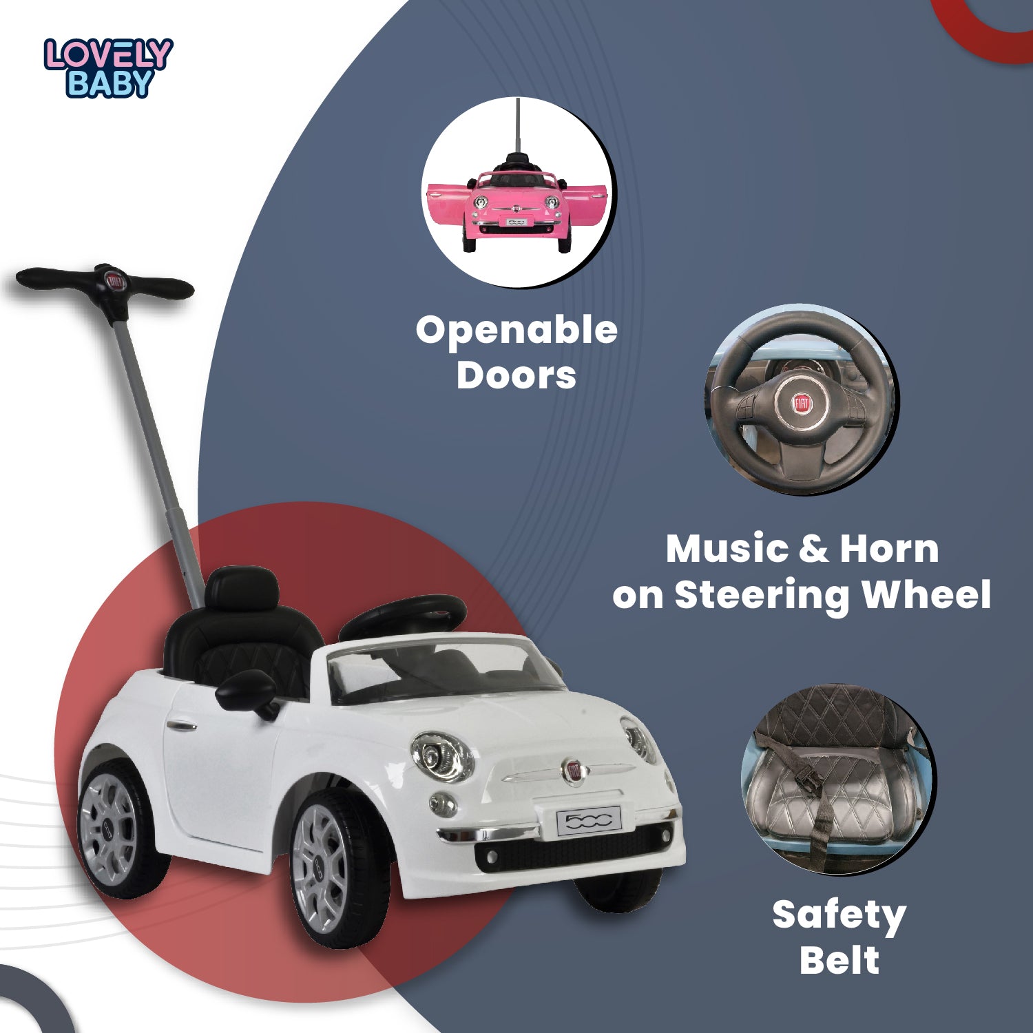 Lovely Baby Fiat 500 Kids Ride-On Push Car with Parental Control Handle - White - lifestyle view