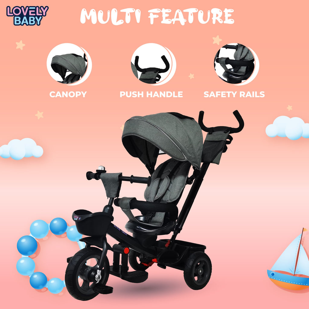 Lovely Baby Lovely Baby Royal Kids Tricycle with 360° Rotating Recline Seat & Canopy - Grey - lifestyle view