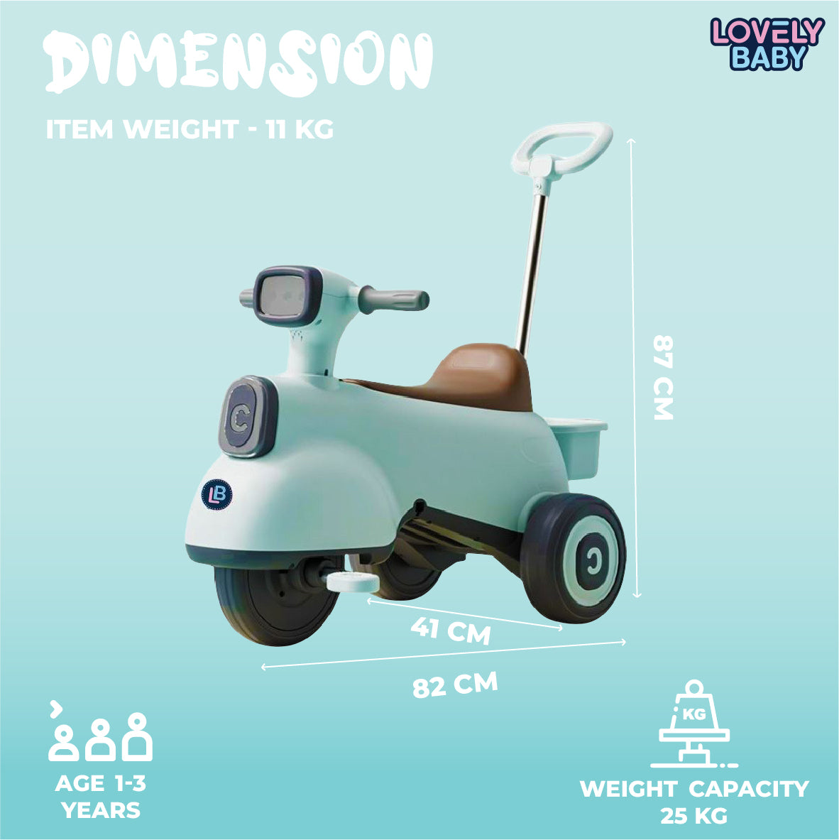 Lovely Baby Lovely Baby Push-Trike for Early Riders - Blue - dimensions and contents