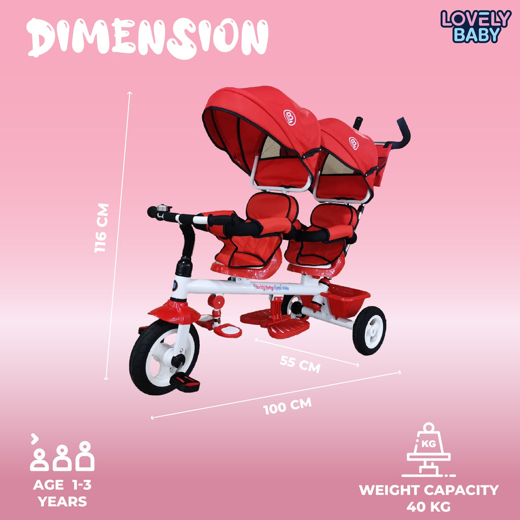 Lovely Baby Lovely Baby 2-Seater Twin Tricycle with Dual Canopy & 360° Rotating Seats - Red - additional view 7