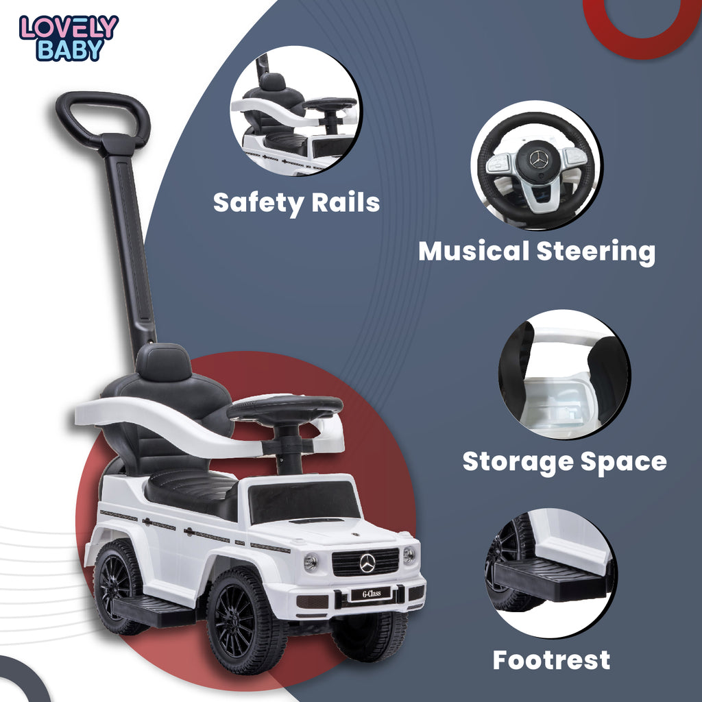 Lovely Baby Mercedes-Benz G-Class Kids Ride-On Push Car - White - dimensions and contents