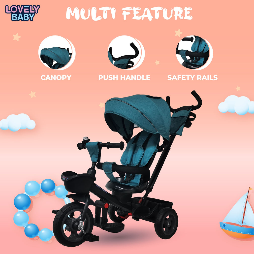 Lovely Baby Lovely Baby Royal Kids Tricycle with 360° Rotating Recline Seat & Canopy - Blue - dimensions and contents