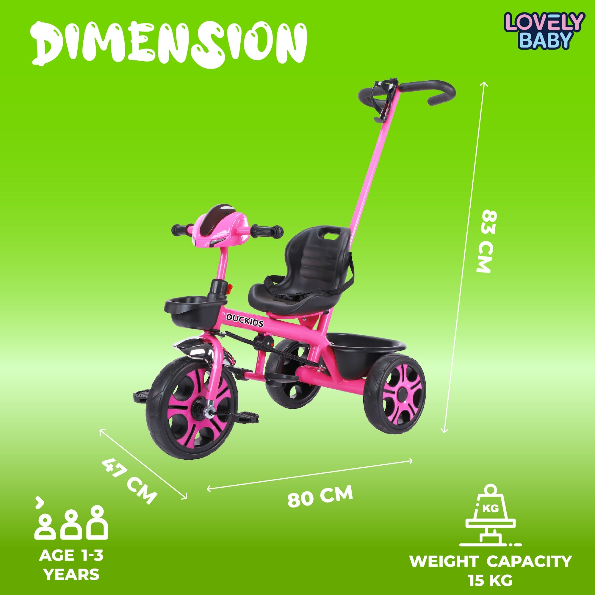 Lovely Baby Lovely Baby Duckids 3-Wheel Kids Tricycle w Parent Handle - Pink - additional view 5