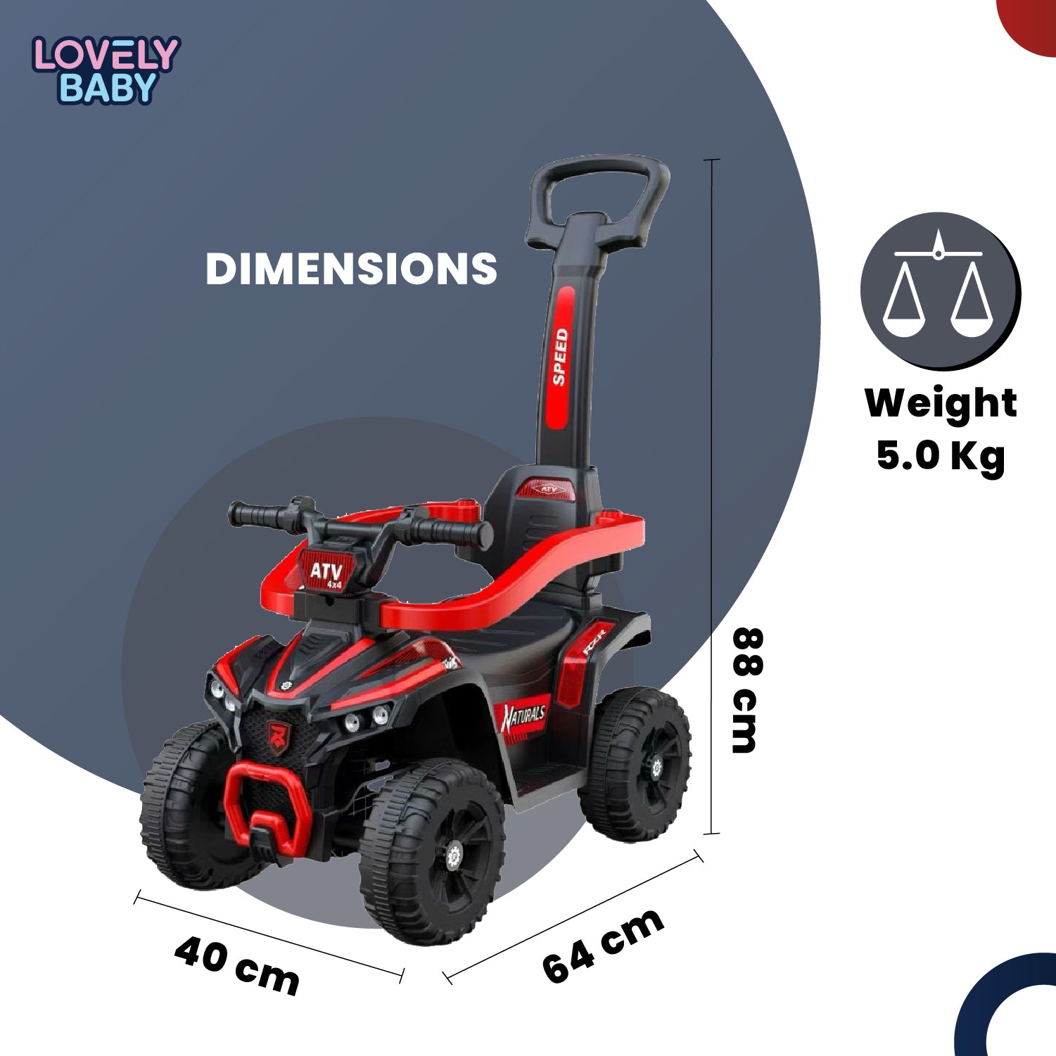 Lovely Baby Lovely Baby Kids Ride-On ATV Push Car - Red - dimensions and contents