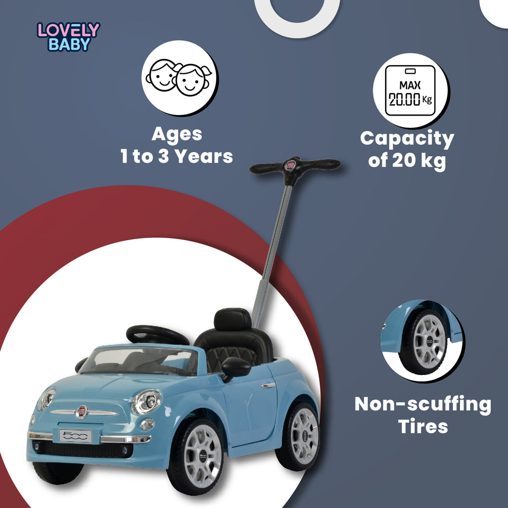 Lovely Baby Fiat 500 Kids Ride-On Push Car with Parental Control Handle - Blue - dimensions and contents