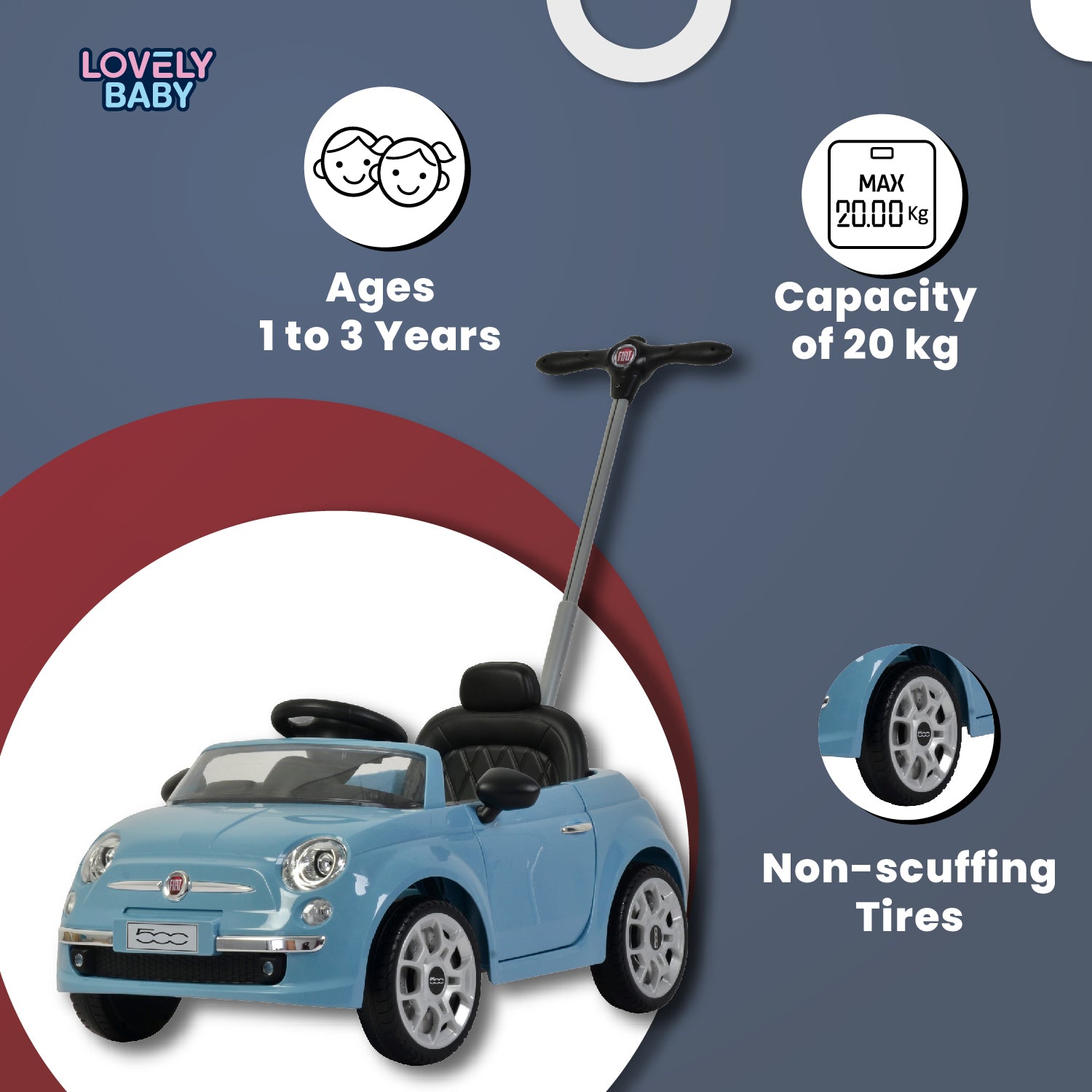 Lovely Baby Fiat 500 Kids Ride-On Push Car with Parental Control Handle - Blue - dimensions and contents