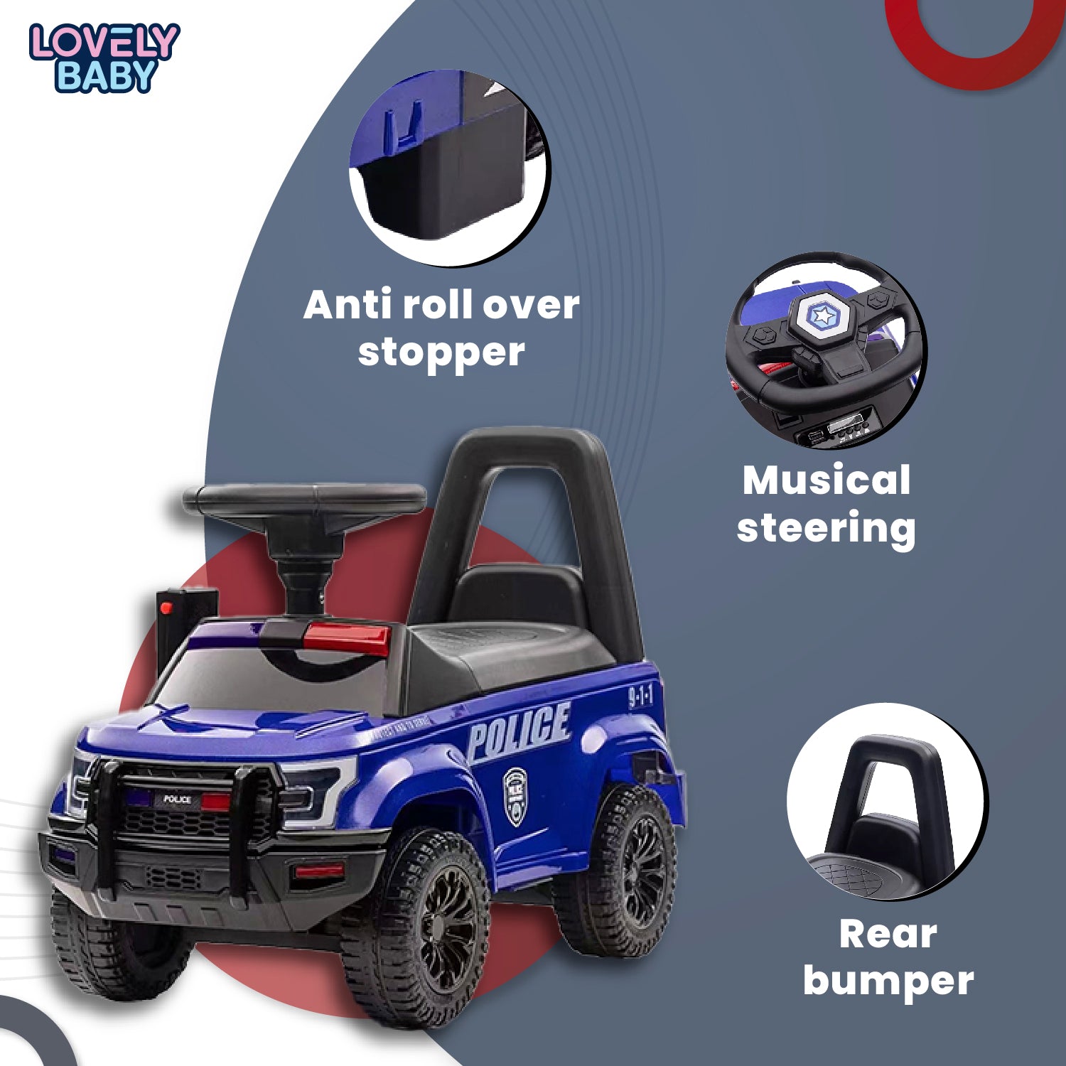 Lovely Baby Lovely Baby Police Patrol Kids Ride-On Push Car - Blue - lifestyle view