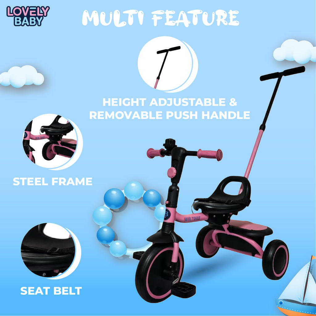 Lovely Baby Lovely Baby Tricycle for Kids Trike with Adjustable Handle, EVA Wheels, Seat Belt & Rear Basket, Steel Frame for Children Age 1 to 3 Years - Pink - lifestyle view