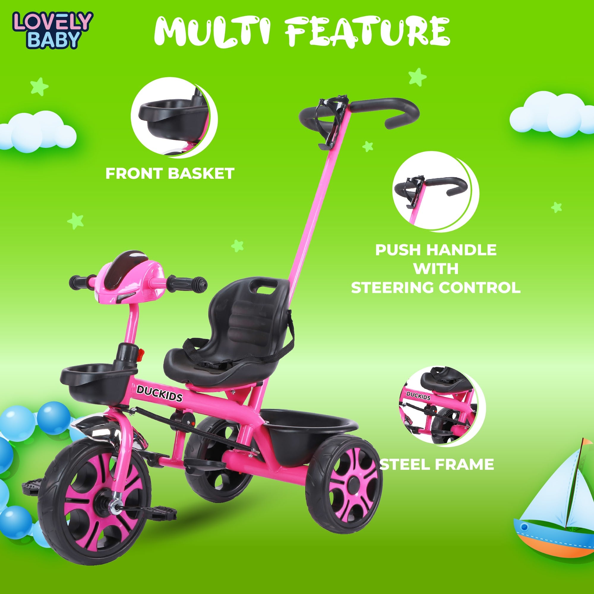 Lovely Baby Lovely Baby Duckids 3-Wheel Kids Tricycle w Parent Handle - Pink - lifestyle view