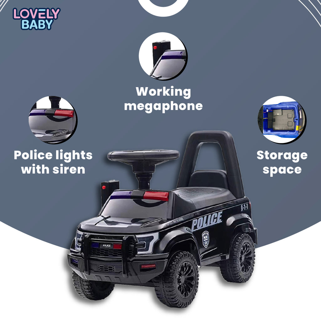 Lovely Baby Lovely Baby Police Patrol Kids Ride-On Push Car - Black - dimensions and contents