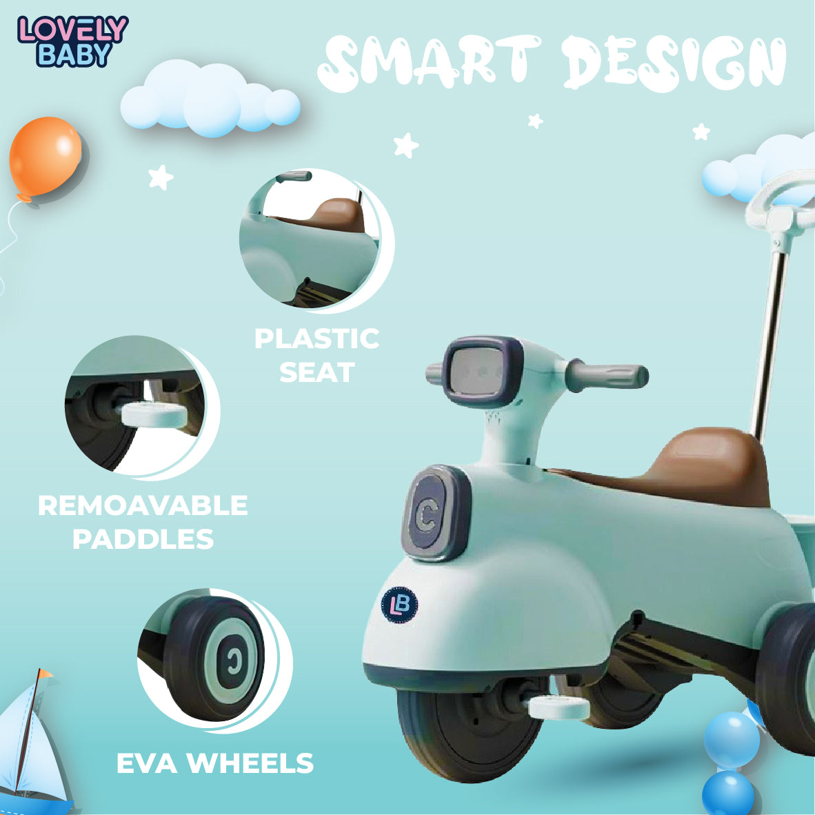 Lovely Baby Lovely Baby Push-Trike for Early Riders - White - alternate angle