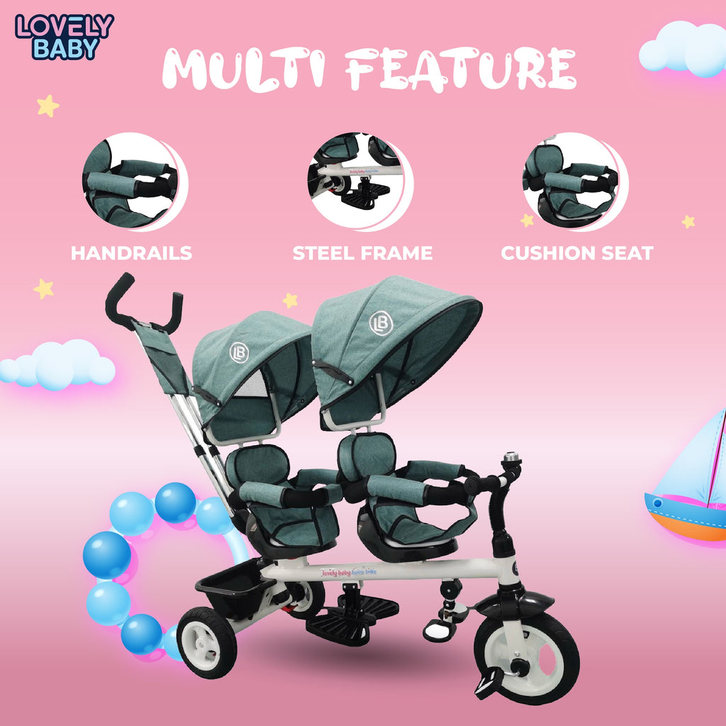 Lovely Baby Lovely Baby 2-Seater Twin Tricycle with Dual Canopy & 360° Rotating Seats - Blue - dimensions and contents