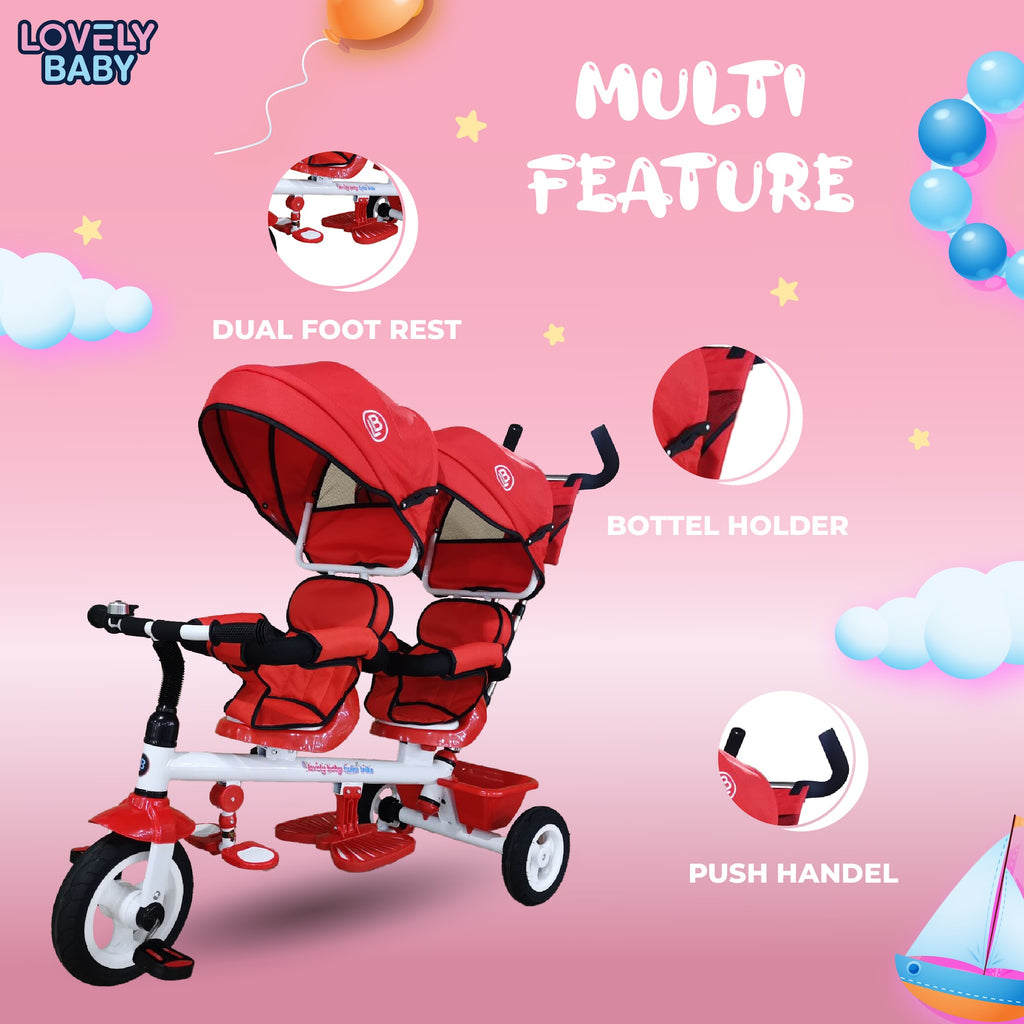 Lovely Baby Lovely Baby 2-Seater Twin Tricycle with Dual Canopy & 360° Rotating Seats - Red - additional view 6