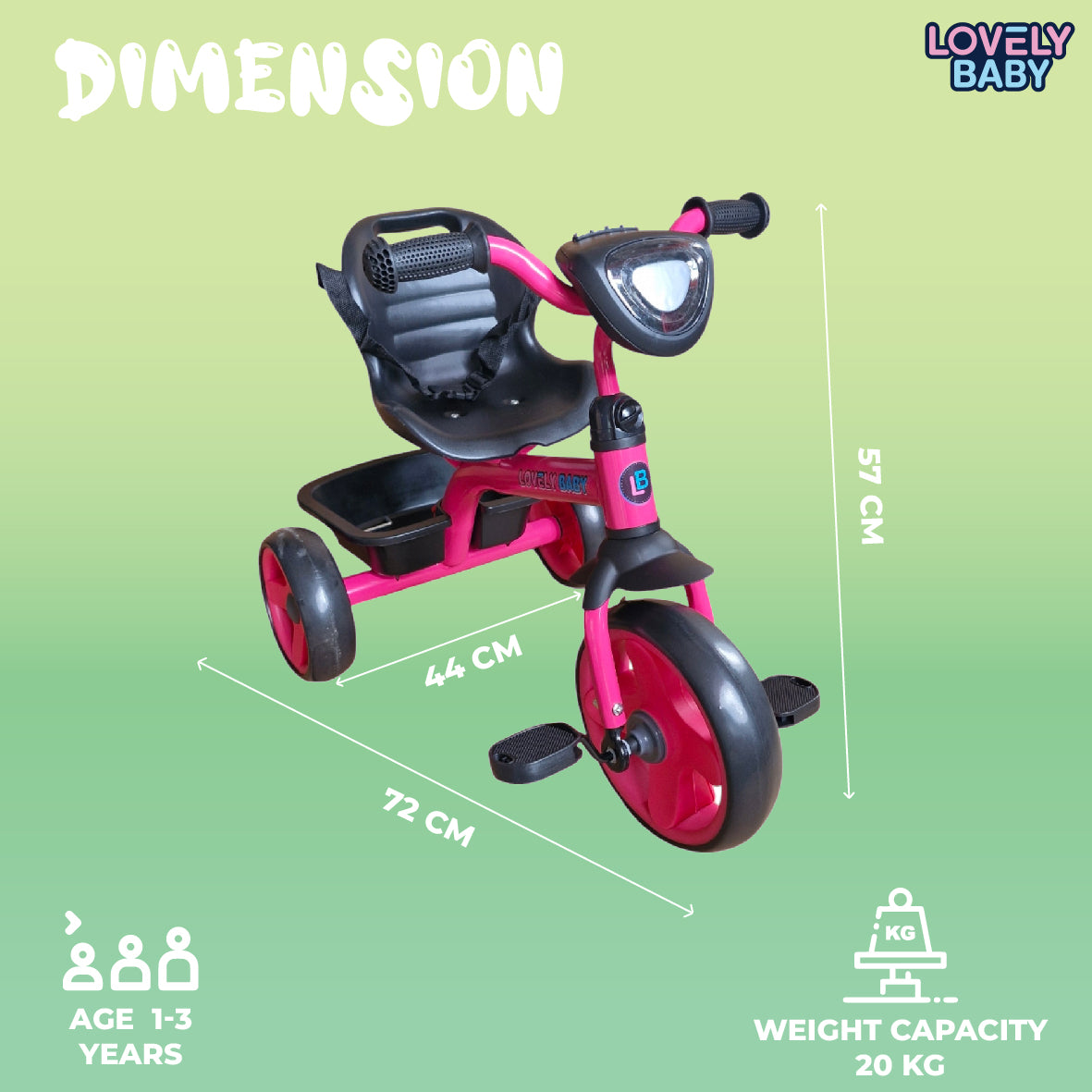 Lovely Baby Lovely Baby Smart Kids Tricycle with LED Lights, Music & Safety Seat Belt - Purple - dimensions and contents