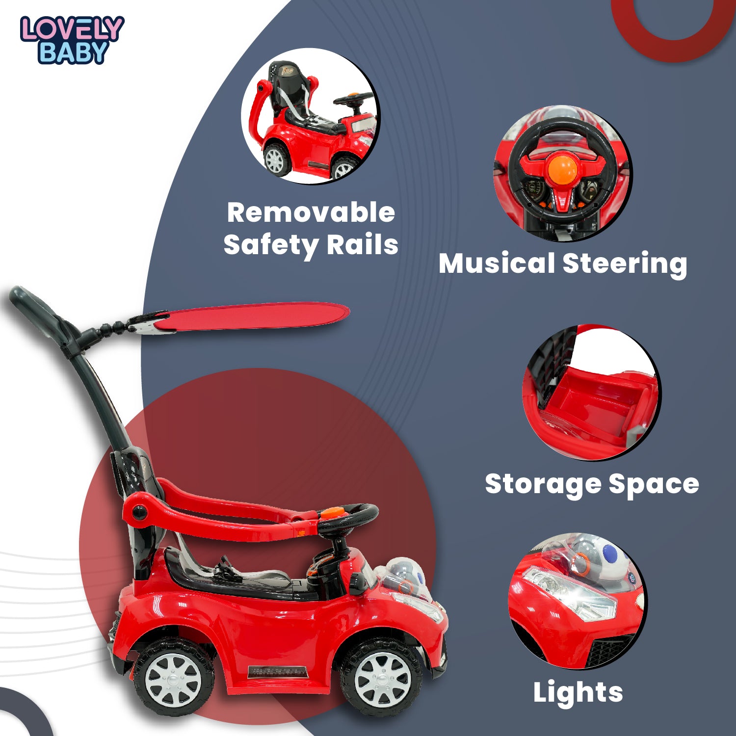 Lovely Baby Lovely Baby 3-in-1 Kids Ride-On Push Car - Red - dimensions and contents