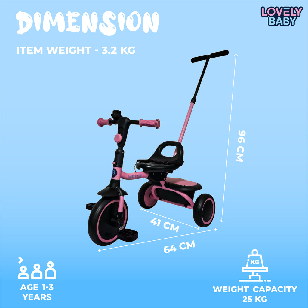 Lovely Baby Lovely Baby Tricycle for Kids Trike with Adjustable Handle, EVA Wheels, Seat Belt & Rear Basket, Steel Frame for Children Age 1 to 3 Years - Pink - dimensions and contents