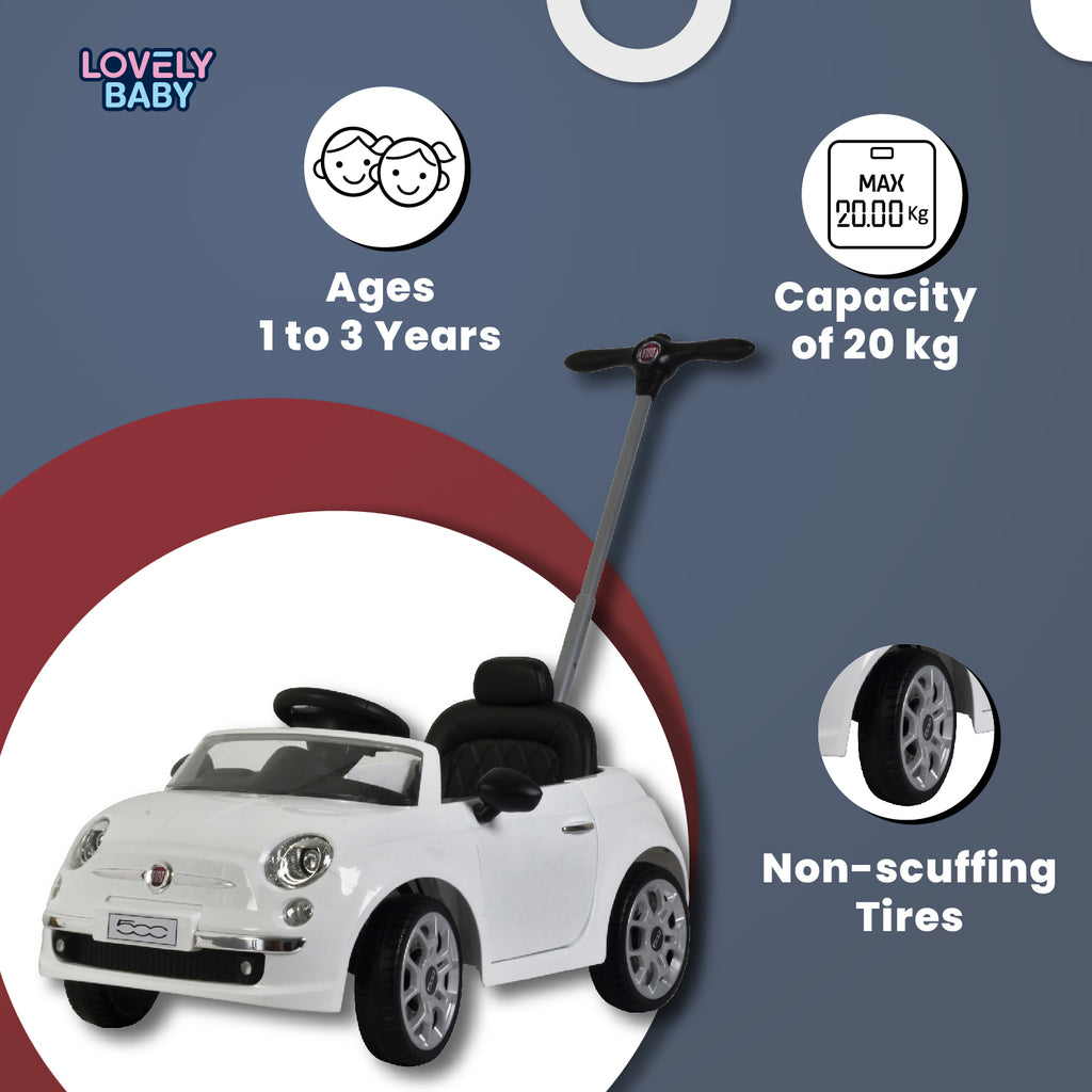 Lovely Baby Fiat 500 Kids Ride-On Push Car with Parental Control Handle - White - dimensions and contents