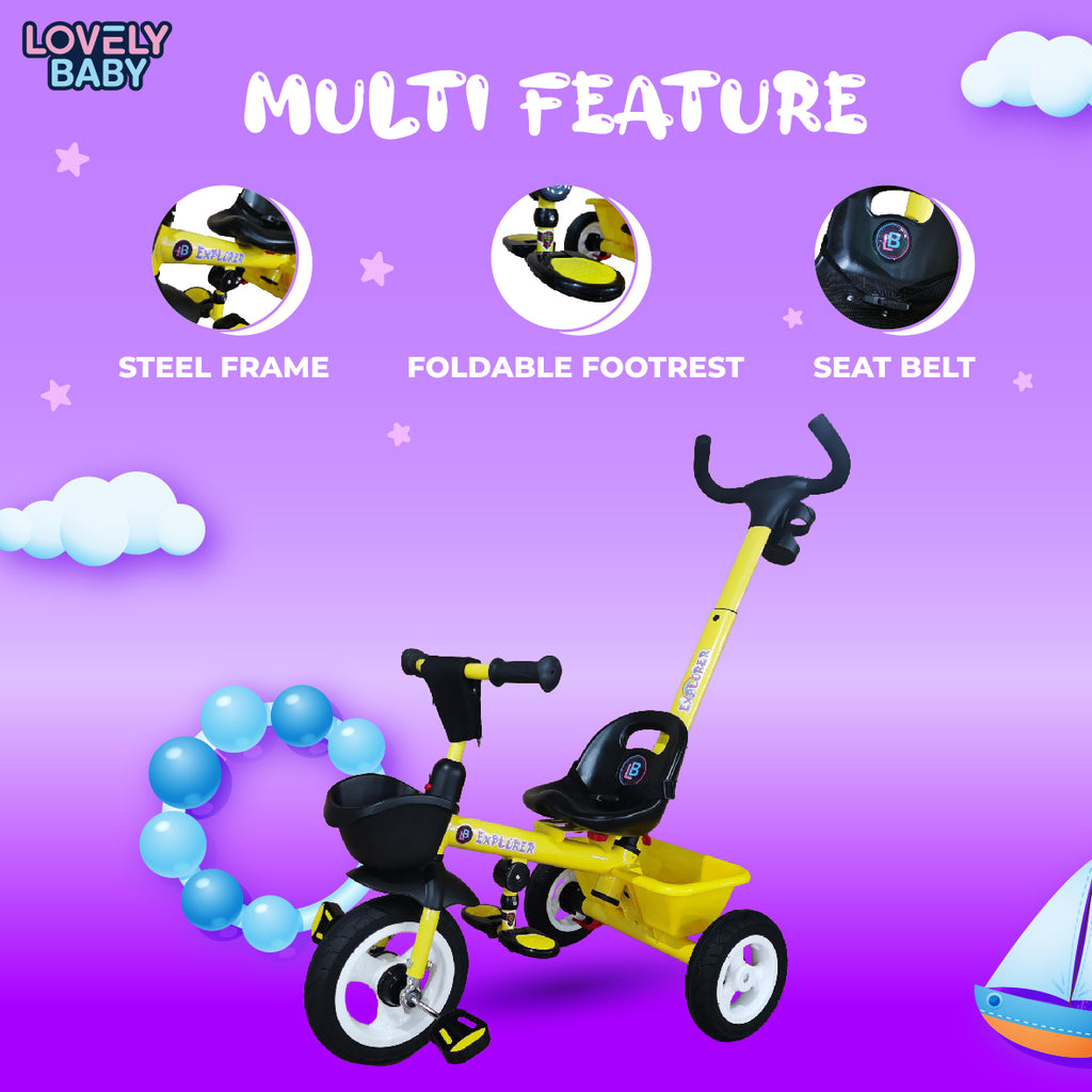 Lovely Baby Lovely Baby Smart Kids Tricycle with Parent Push Handle, Rubber Wheels & Dual Storage - Yellow - dimensions and contents