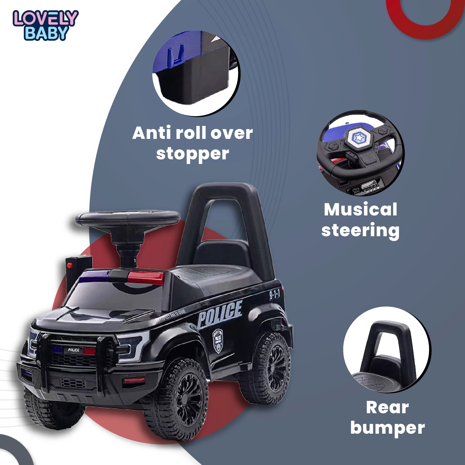 Lovely Baby Lovely Baby Police Patrol Kids Ride-On Push Car - Black - lifestyle view