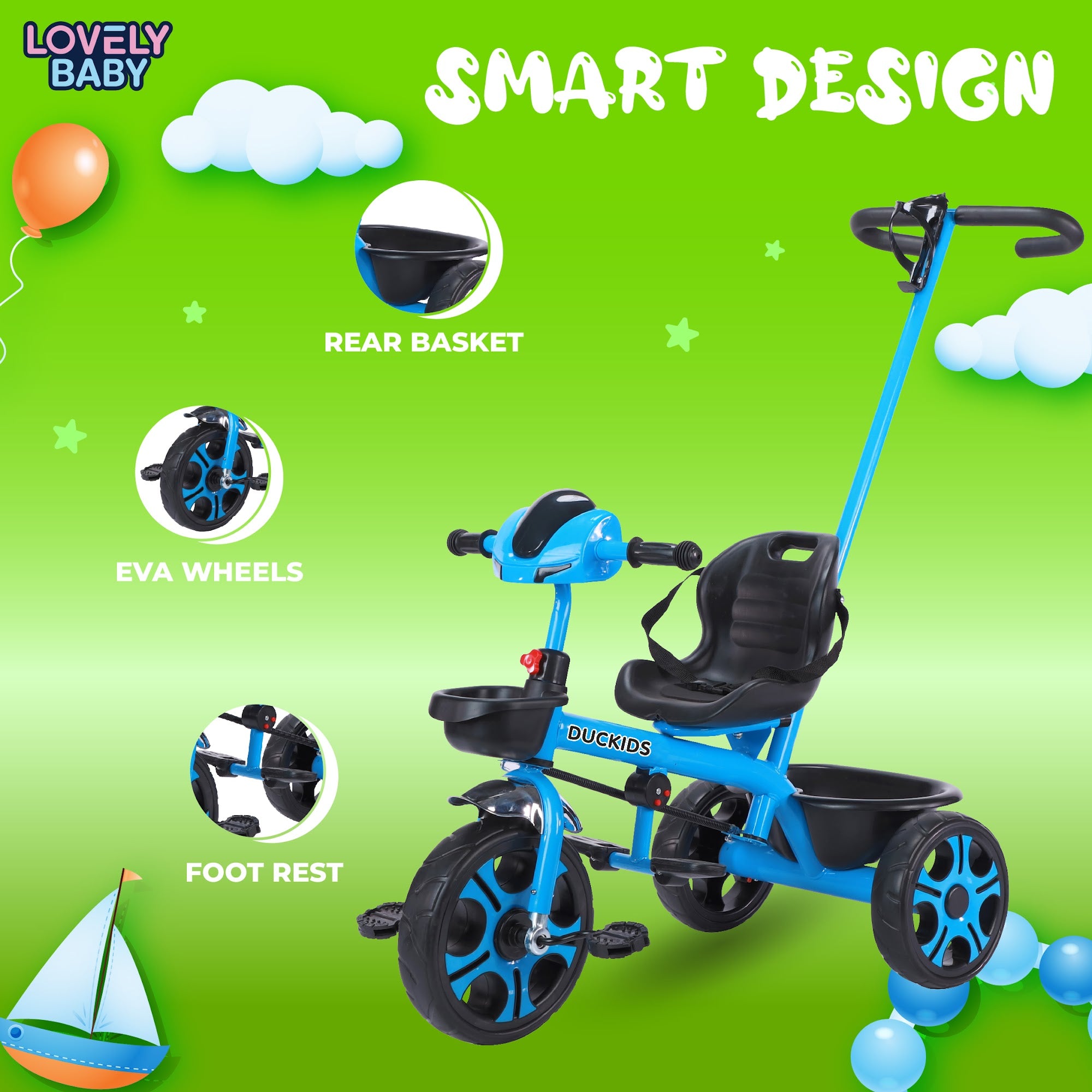 Lovely Baby Lovely Baby Duckids 3-Wheel Kids Tricycle w Parent Handle - Blue - alternate angle