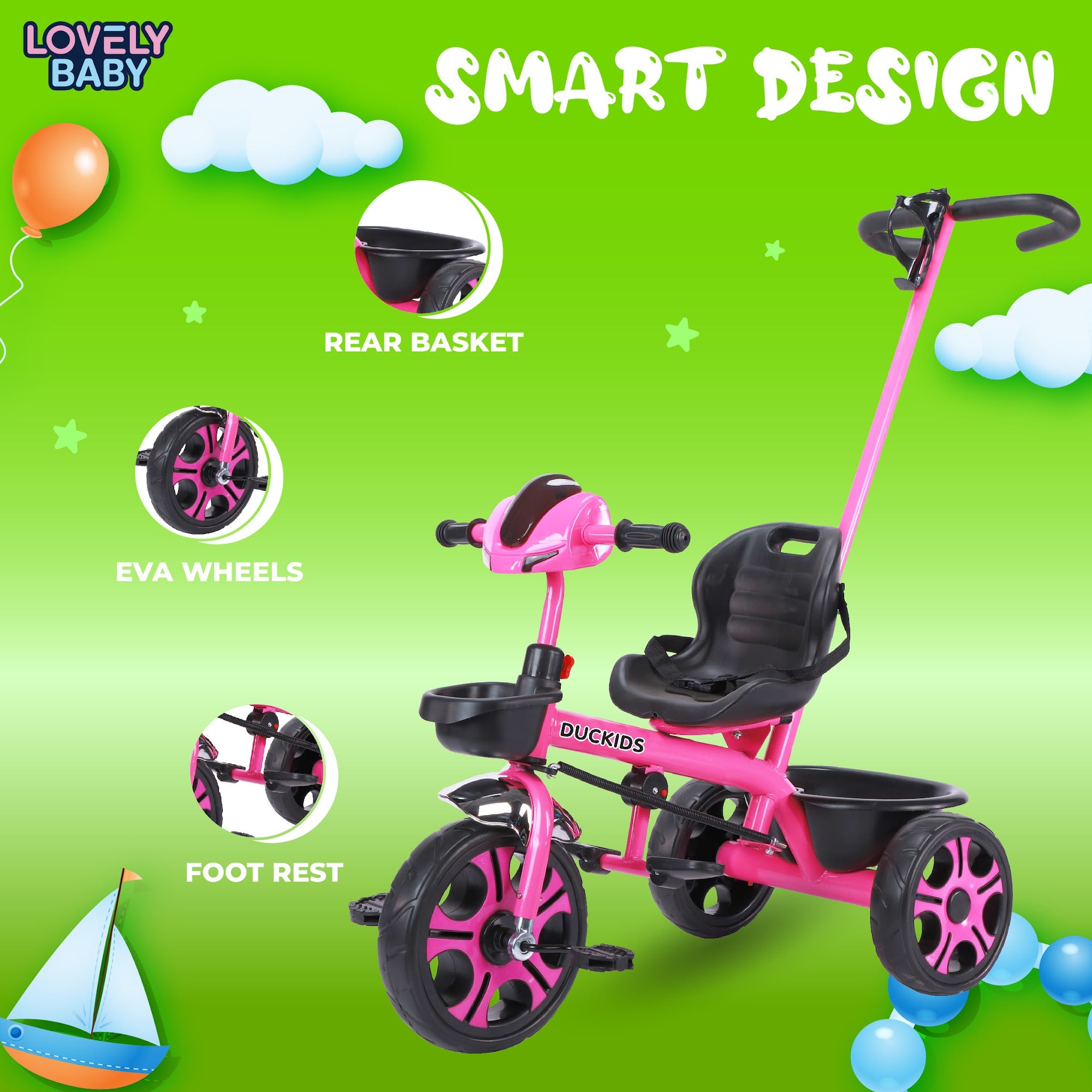 Lovely Baby Lovely Baby Duckids 3-Wheel Kids Tricycle w Parent Handle - Pink - alternate angle