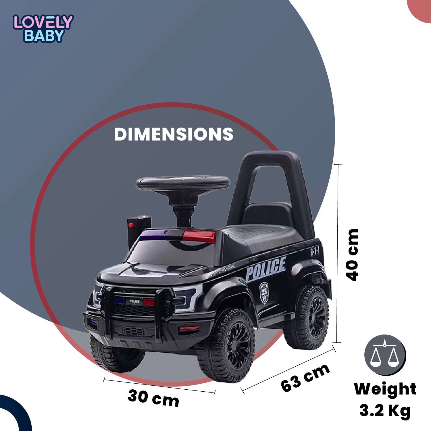 Lovely Baby Lovely Baby Police Patrol Kids Ride-On Push Car - Black - additional view 6