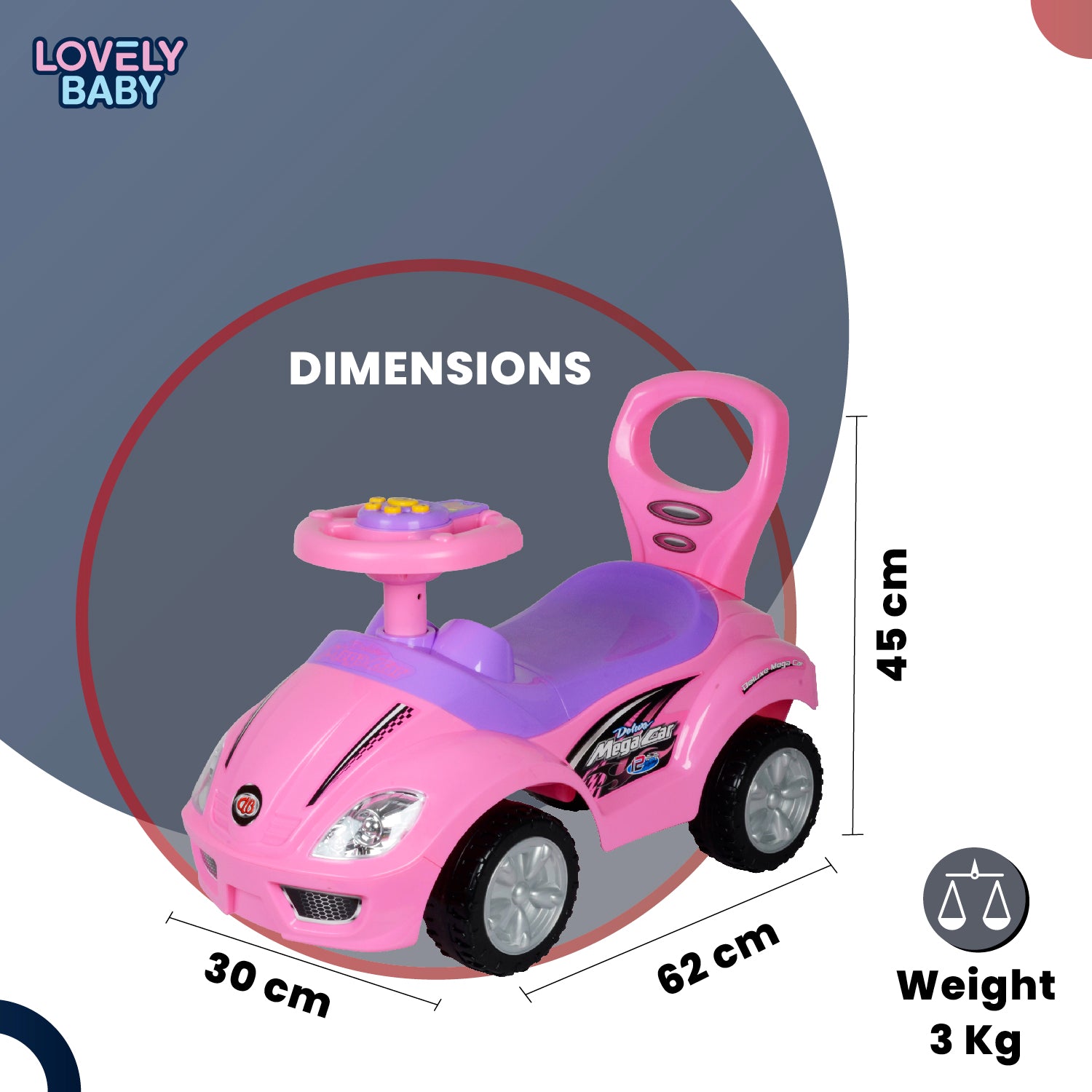 Lovely Baby Lovely Baby Deluxe Mega Kids Push Car - Yellow - dimensions and contents