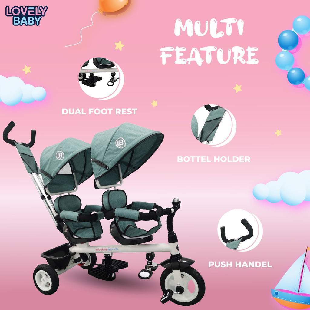 Lovely Baby Lovely Baby 2-Seater Twin Tricycle with Dual Canopy & 360° Rotating Seats - Blue - additional view 5