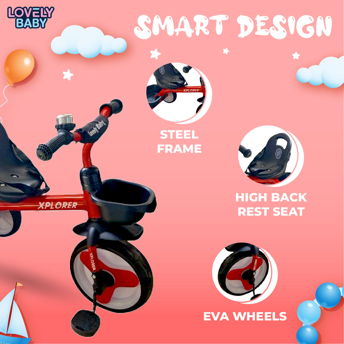 Lovely Baby Lovely Baby Explorer Trike - Red - alternate angle