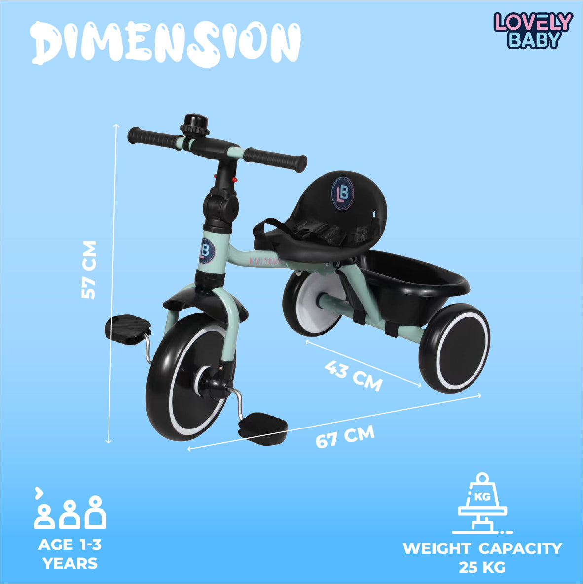 Lovely Baby Lovely Baby Foldable Toddler Tricycle with Seat Belt & EVA Wheels - Red - dimensions and contents