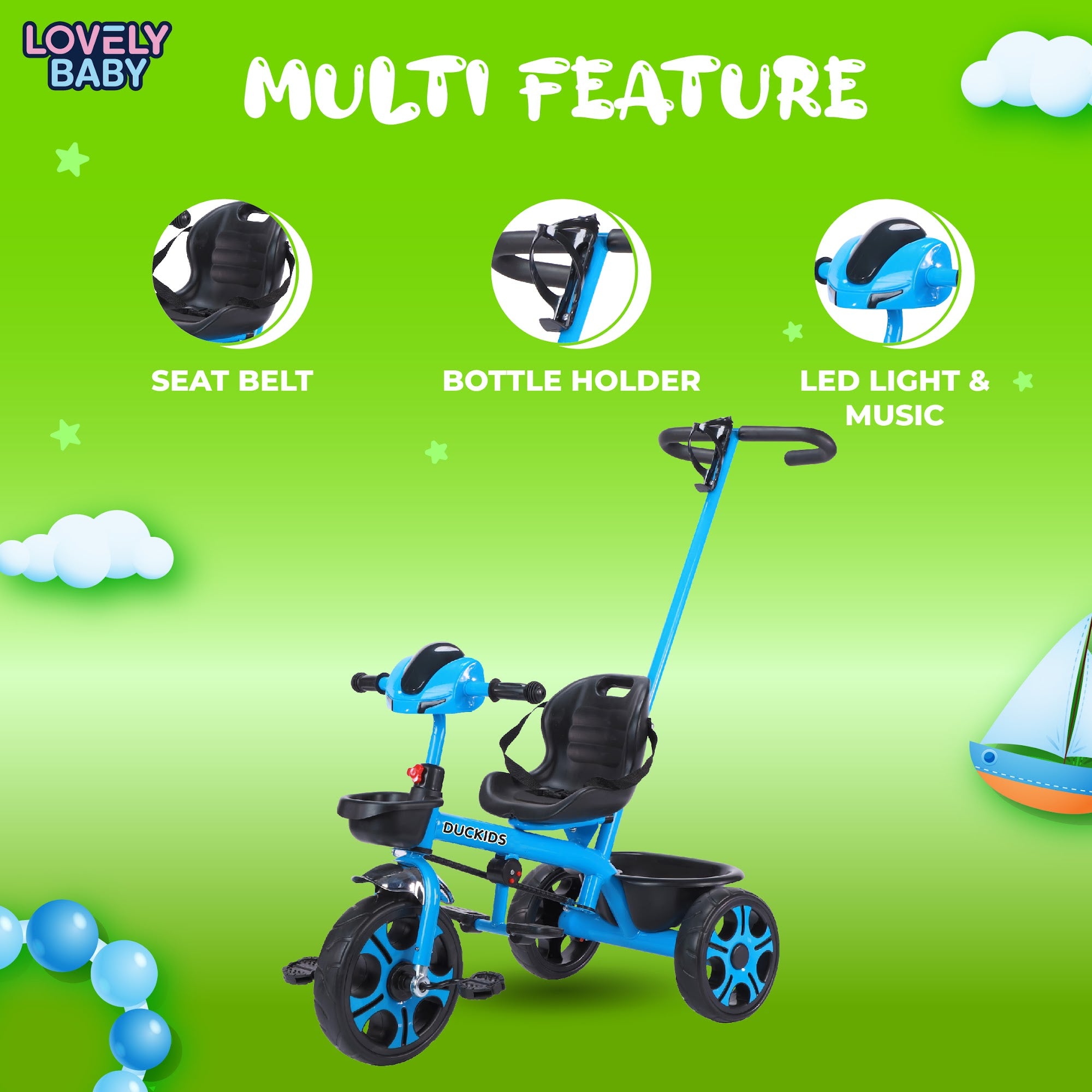 Lovely Baby Lovely Baby Duckids 3-Wheel Kids Tricycle w Parent Handle - Blue - dimensions and contents