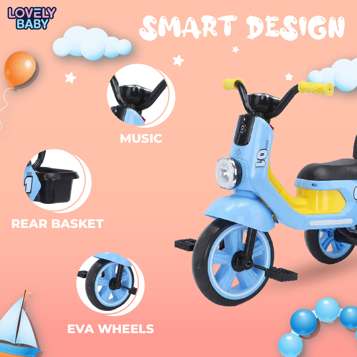 Lovely Baby Lovely Baby Smart Kids Tricycle with LED Lights & Music - Pink - alternate angle
