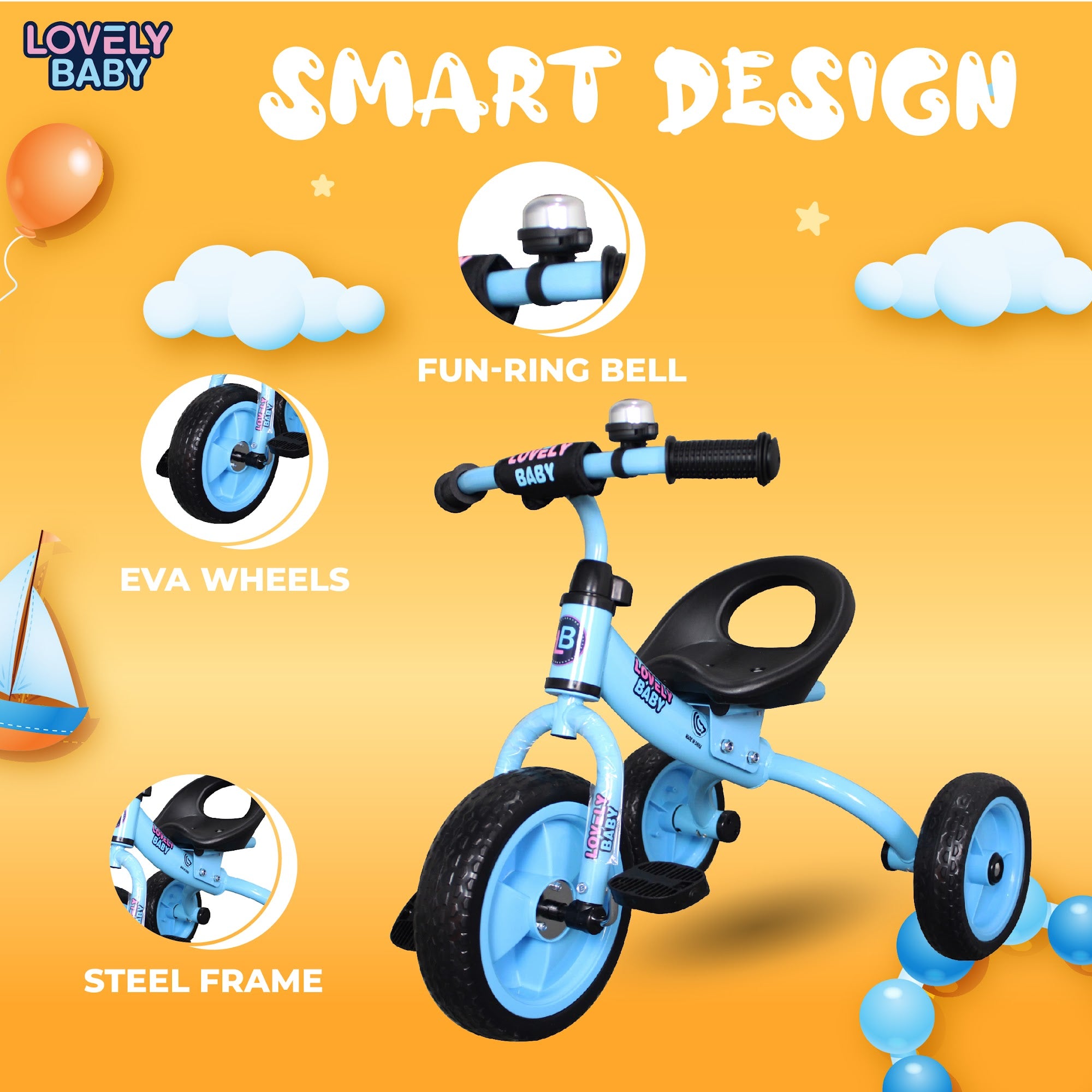 Lovely Baby Lovely Baby Ergonomic Toddler Tricycle with Durable Steel Frame - Blue - alternate angle