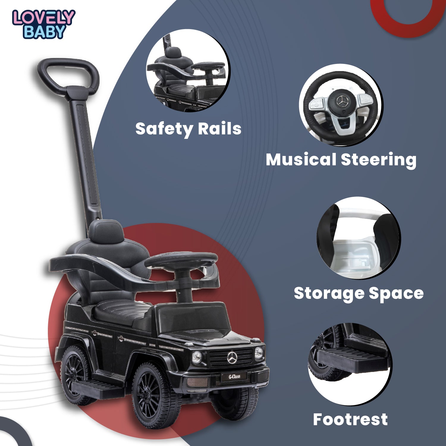 Lovely Baby Mercedes-Benz G-Class Kids Ride-On Push Car - Black - dimensions and contents