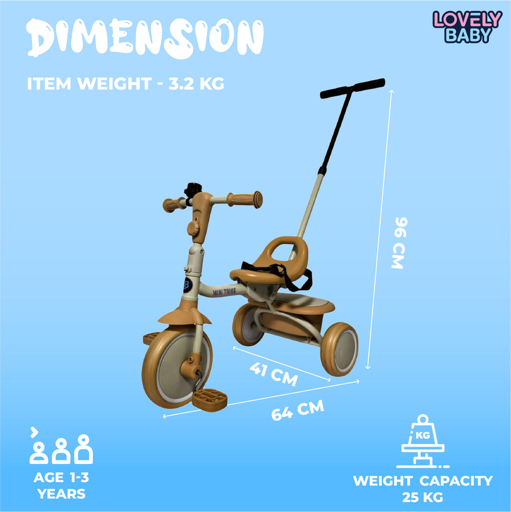 Lovely Baby Lovely Baby Tricycle for Kids Trike with Adjustable Handle, EVA Wheels, Seat Belt & Rear Basket, Steel Frame for Children Age 1 to 3 Years - Yellow - dimensions and contents
