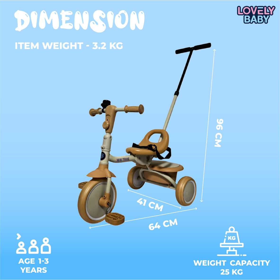 Lovely Baby Lovely Baby Tricycle for Kids Trike with Adjustable Handle, EVA Wheels, Seat Belt & Rear Basket, Steel Frame for Children Age 1 to 3 Years - Yellow - dimensions and contents