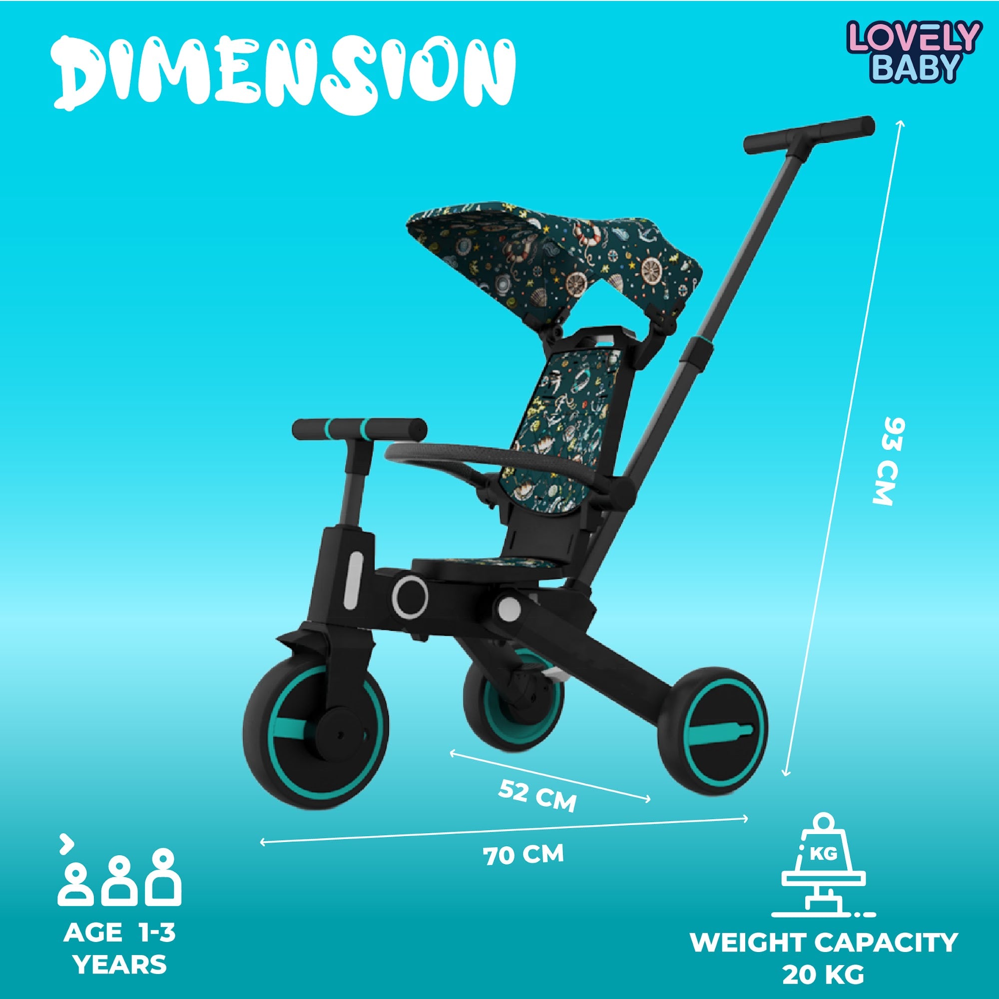 Lovely Baby Lovely Baby 7-in-1 Kids Tricycle - Blue - dimensions and contents