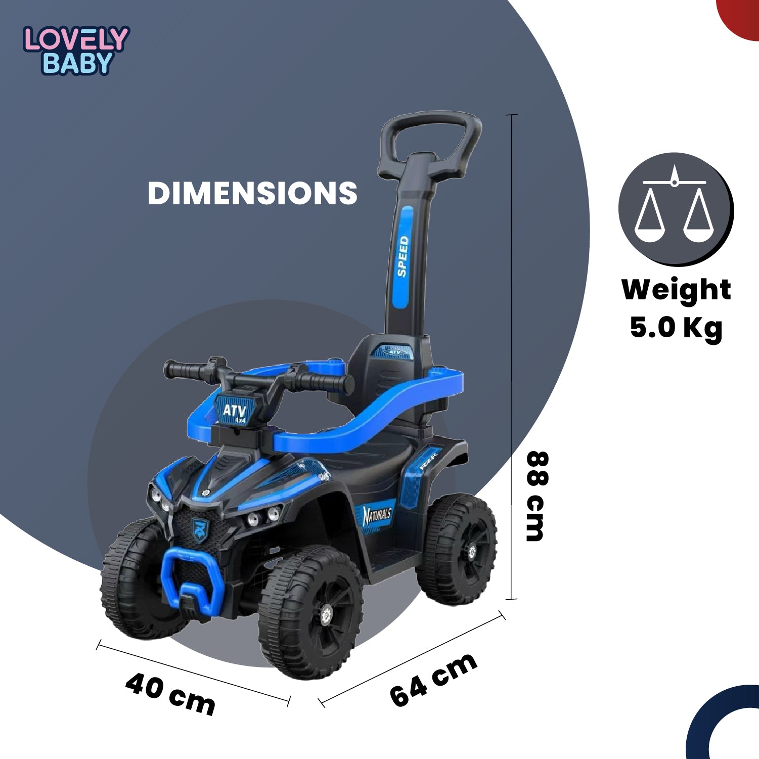 Lovely Baby Lovely Baby Kids Ride-On ATV Push Car - Blue - dimensions and contents