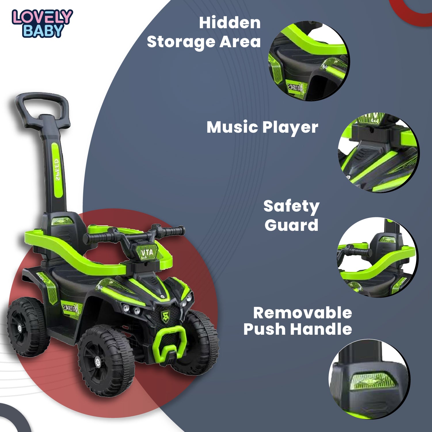 Lovely Baby Lovely Baby Kids Ride-On ATV Push Car - Green - alternate angle
