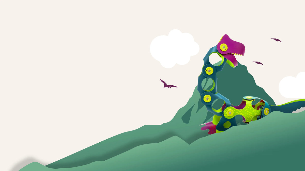 A stylized colorful dinosaur illustration perched on a green mountain against a light beige background with clouds and small birds.