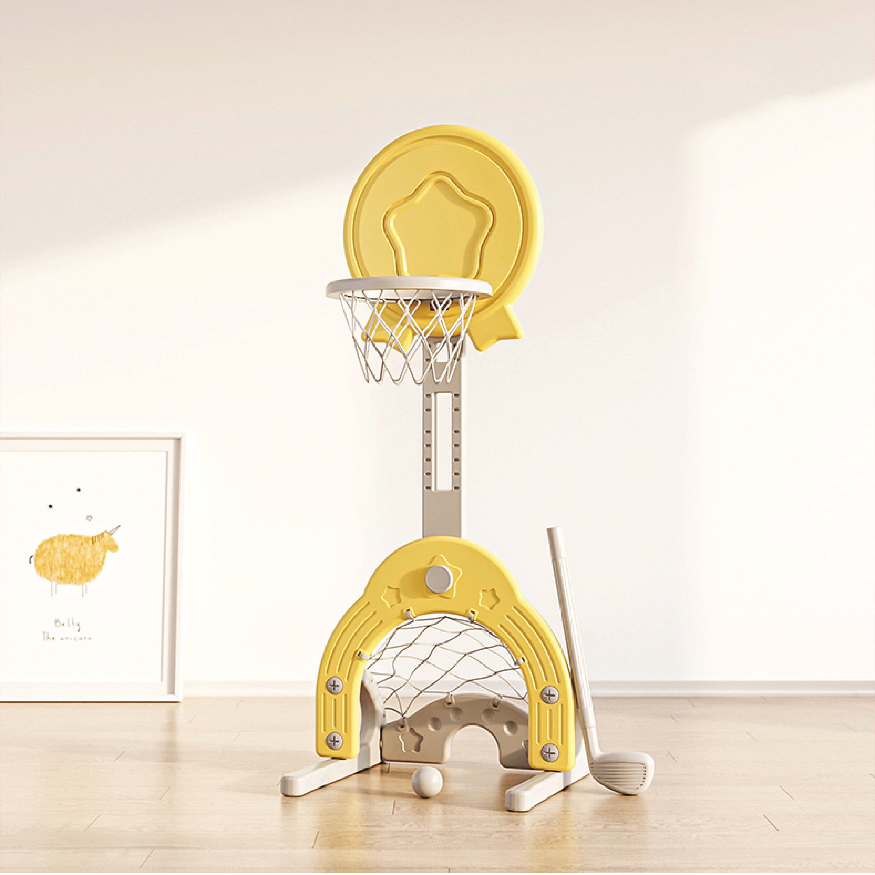 Basketball Stand W/ Football & Hockey Stick - Yellow - Image 7