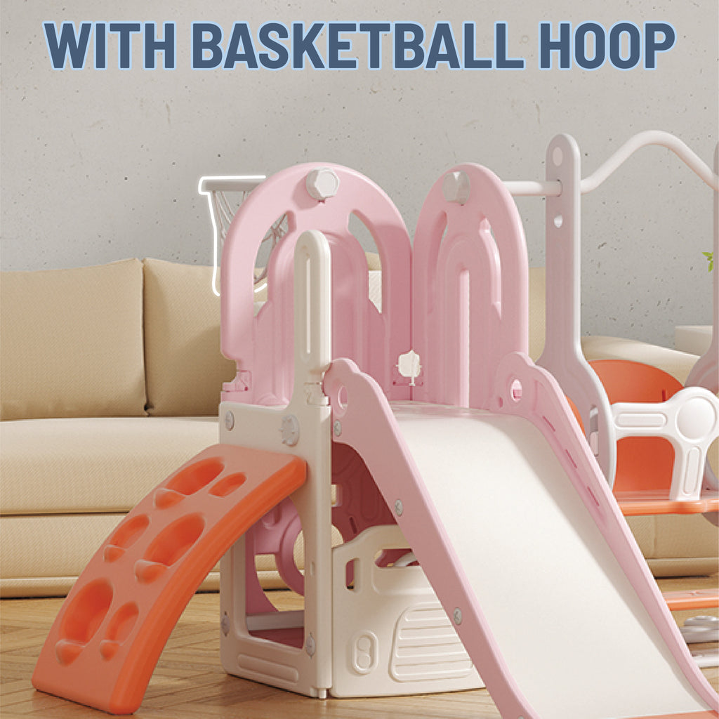 Slide & Swing Set w/ Climbing Wall & Basketball Hoop - Pink - Image 2